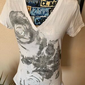 Vanity White V-Neck Tee with Gray Floral Print